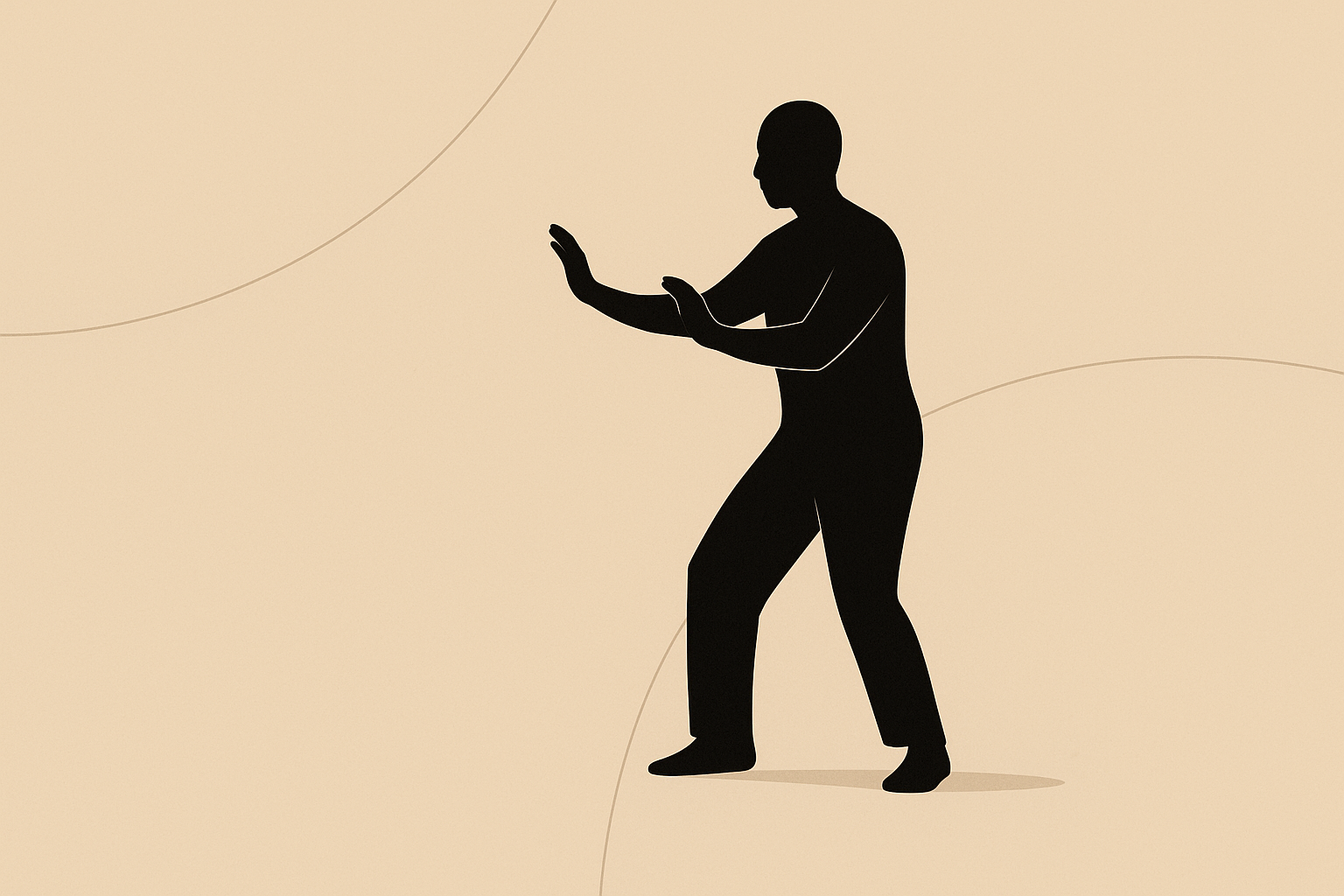 合理的な立ち方を象徴するように、静かに構えた人物の黒いミニマルシルエットが、柔らかなベージュ背景に配置された抽象的なイメージ。