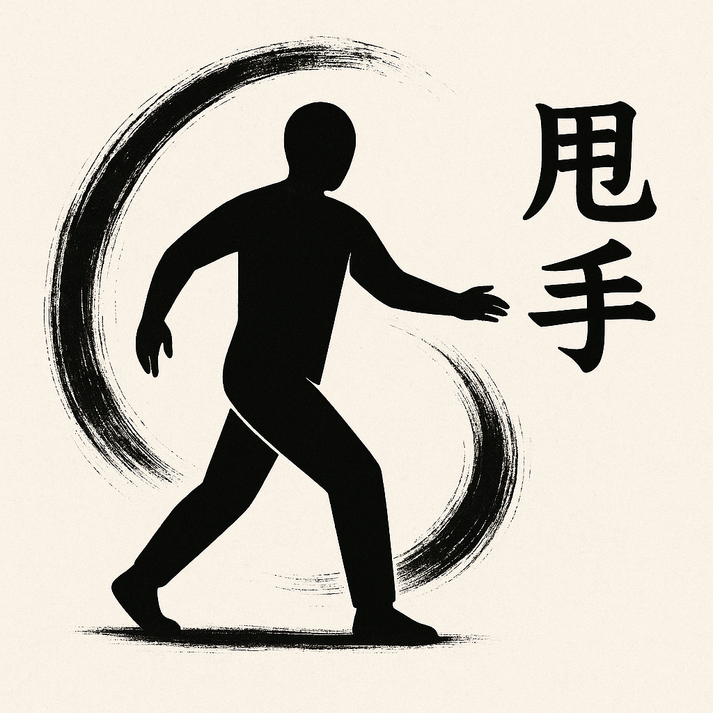 スワイショウの動作を抽象的に表現したシルエットの人物と、動きの軌跡を示す筆致の弧を描いたミニマルなイラスト。