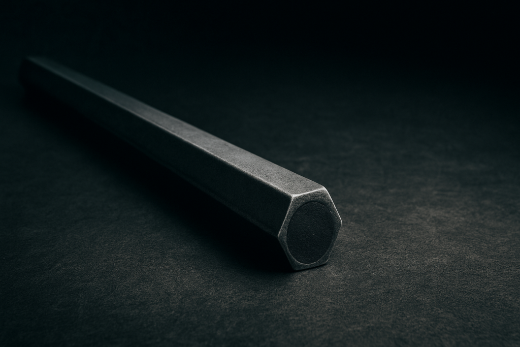 六角鍛錬棒が暗い背景の上に置かれ、重量と重心の方向性が強調された抽象的な武術イメージ。