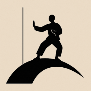 ミニマルな構成で、武術の基本姿勢をとる黒いシルエットが柔らかなベージュ背景の上に立っている抽象的なイメージ。直線と曲線が配置され、軸とバランスを象徴する構図。