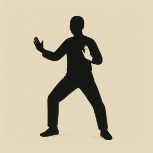 護身の構えを取る人物の黒いシルエットが、淡いベージュ背景の上にミニマルに配置された抽象的イメージ。