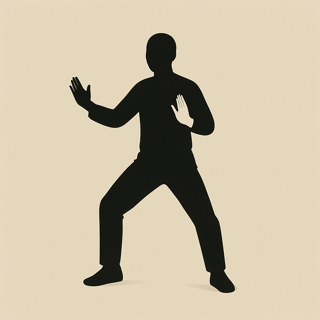 護身の構えを取る人物の黒いシルエットが、淡いベージュ背景の上にミニマルに配置された抽象的イメージ。