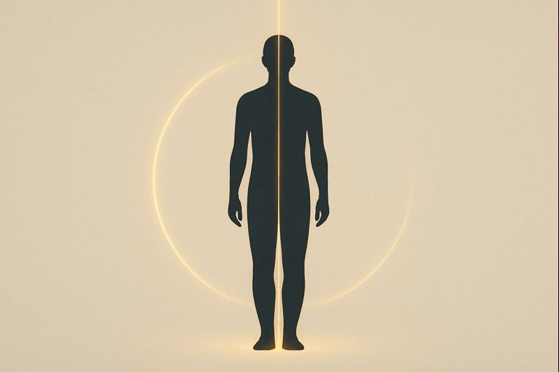 重力線と軸を象徴する抽象的な人体シルエットが、中央に静かに立っているイメージ。