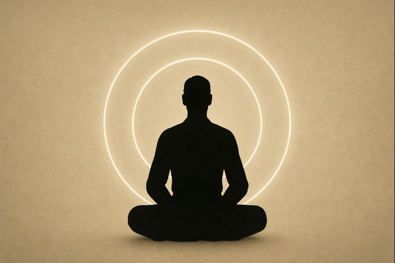 座禅姿勢で静かに座る人物シルエットの背後に、柔らかく発光する円が重なる抽象イメージ。