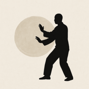 一人で武術の構えを取る人物の黒いミニマルシルエットが、淡い円形の背景とともに描かれた静的なイメージ。