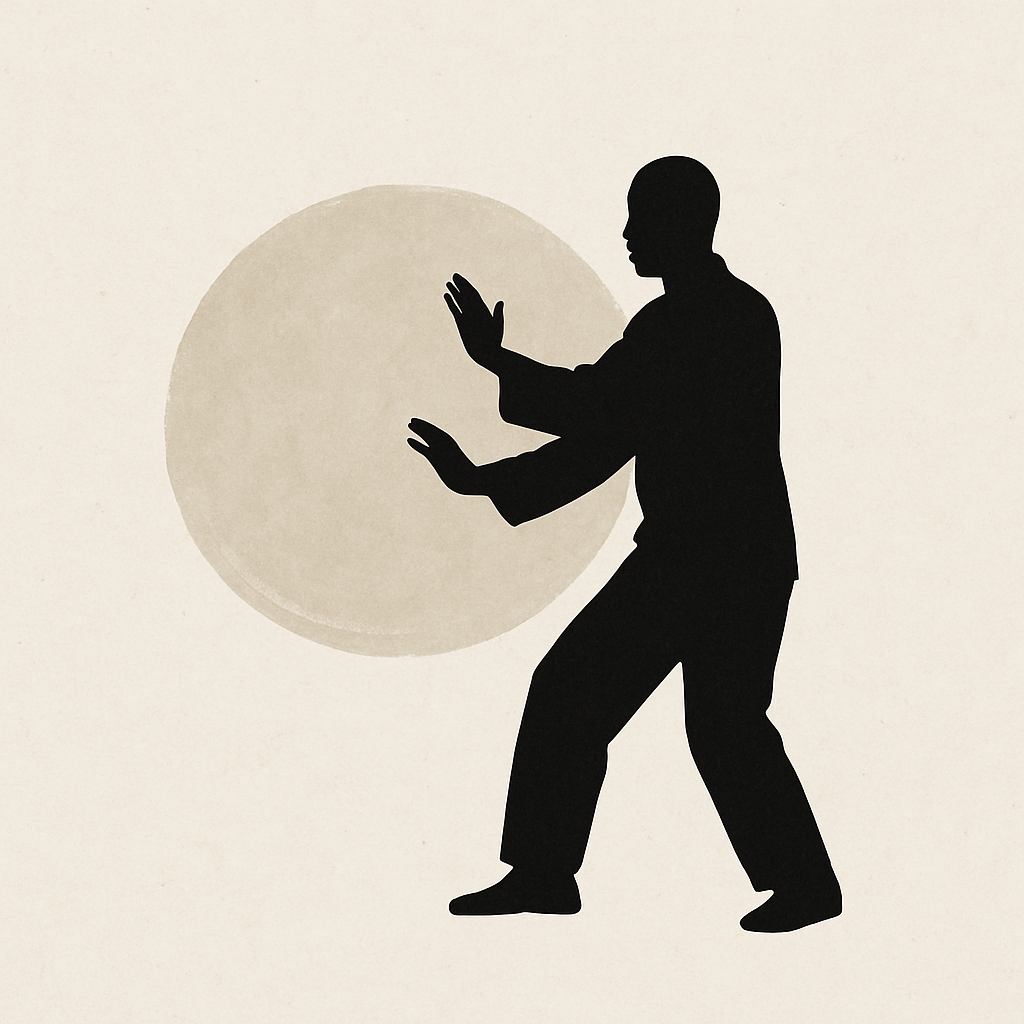一人で武術の構えを取る人物の黒いミニマルシルエットが、淡い円形の背景とともに描かれた静的なイメージ。