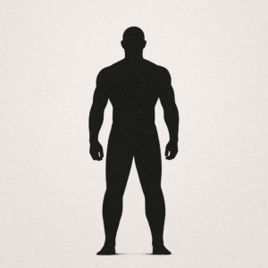 落ち着いたベージュ背景の上に、静かに立つ人物の黒いミニマルな全身シルエットが描かれた抽象的イメージ。