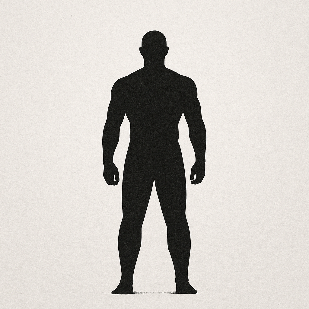落ち着いたベージュ背景の上に、静かに立つ人物の黒いミニマルな全身シルエットが描かれた抽象的イメージ。