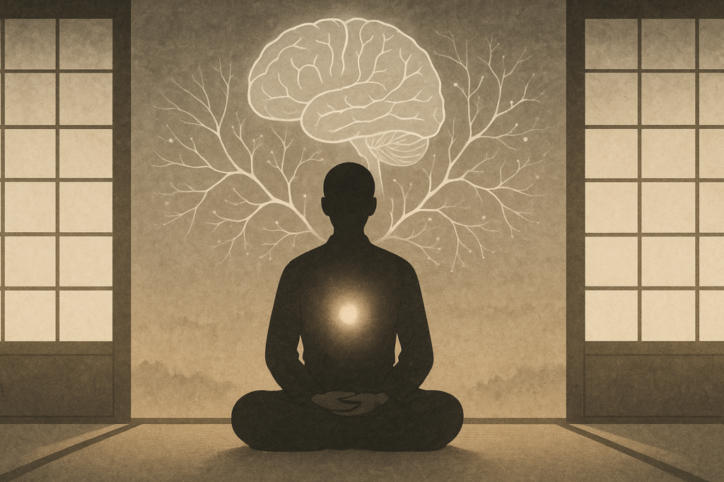 静かな和室で瞑想する人物のシルエットと、その背後に脳と神経ネットワークの抽象的な光が重なるイメージ。達人の心の統合と認知の深化を象徴している。