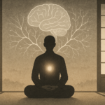 静かな和室で瞑想する人物のシルエットと、その背後に脳と神経ネットワークの抽象的な光が重なるイメージ。達人の心の統合と認知の深化を象徴している。