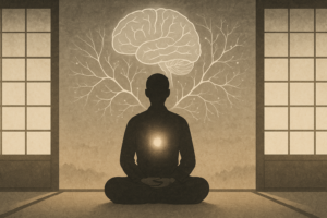 静かな和室で瞑想する人物のシルエットと、その背後に脳と神経ネットワークの抽象的な光が重なるイメージ。達人の心の統合と認知の深化を象徴している。