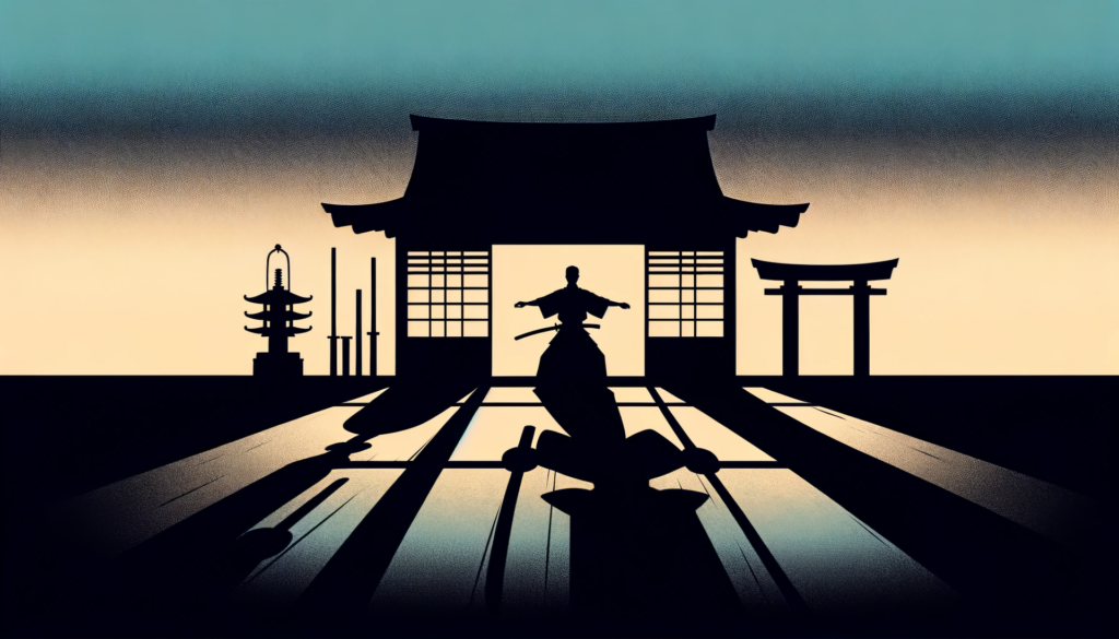 武術家が構えの中で静止し、身体の中心からわずかな光と流れがにじむように描かれた抽象シルエット。気配や間合いを象徴する武術的イメージ。