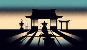 武術家が構えの中で静止し、身体の中心からわずかな光と流れがにじむように描かれた抽象シルエット。気配や間合いを象徴する武術的イメージ。