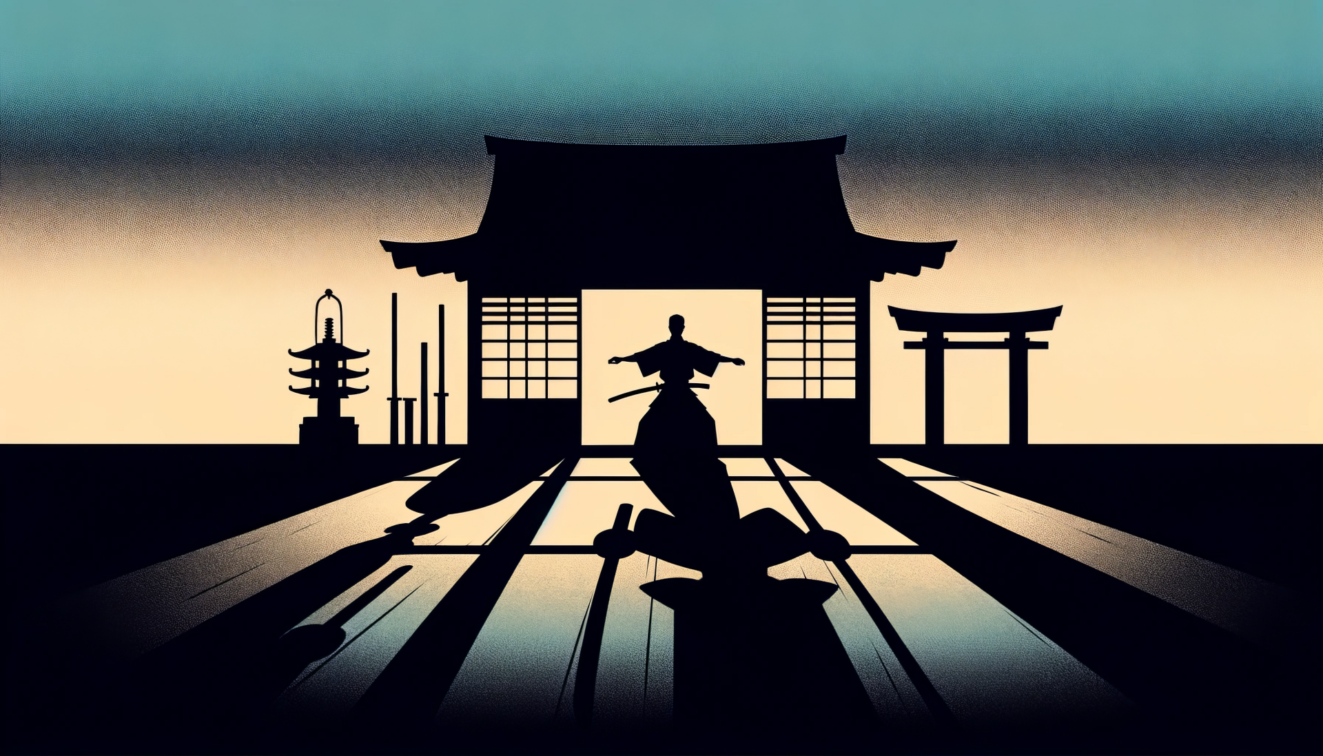 武術家が構えの中で静止し、身体の中心からわずかな光と流れがにじむように描かれた抽象シルエット。気配や間合いを象徴する武術的イメージ。